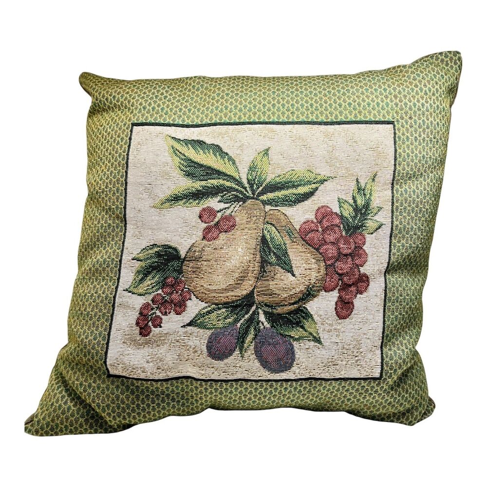 Vintage Fruits Pears Grapes Plums Leaves Tapestry Sofa Throw Pillow 15" X 15"